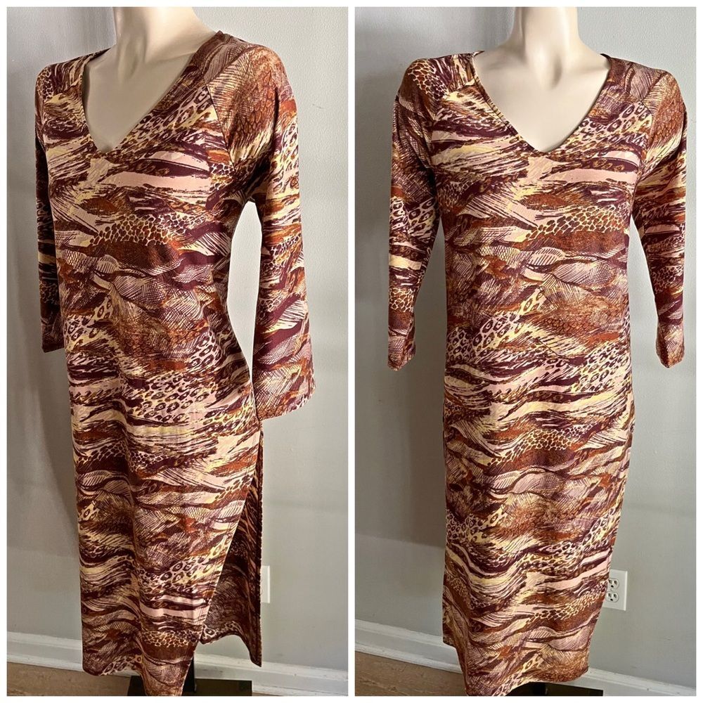 Animal Print Midi Dress LP Brown Neutral Stretch Knit V Neck